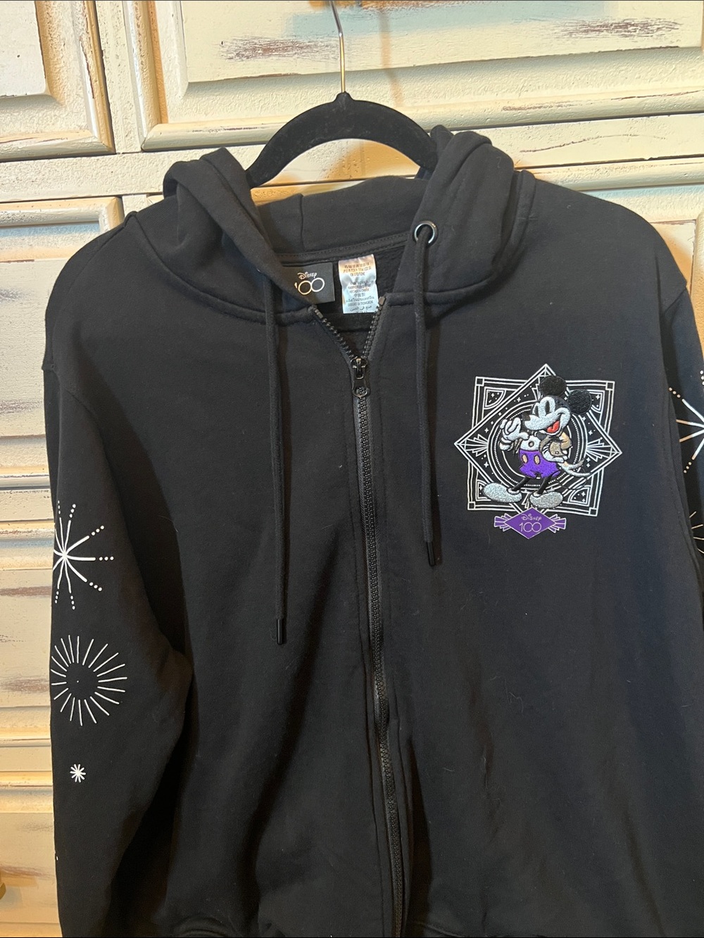 Disney 100 Years Black Zip-Up Hoodie with Mickey Graphic and Purple Accent